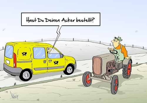 Cartoon: Acker bestellt (medium) by Marcus Gottfried tagged post,zustellung,brief,paket,päckchen,wurfsendung,auto,renault,kangoo,postauto,dhl,ups,traktor,schlepper,bauer,landwirt,feld,acker,frucht,anbau,farmer,post,zustellung,brief,paket,päckchen,wurfsendung,auto,renault,kangoo,postauto,dhl,ups,traktor,schlepper,bauer,landwirt,feld,acker,frucht,anbau,farmer,sprachwitz,wortspiel