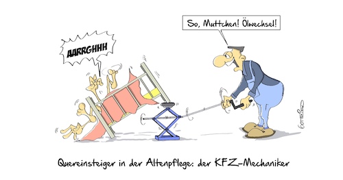 Cartoon: Altenpflege (medium) by Marcus Gottfried tagged altenpflege,quereinsteiger,personal,mechaniker,mechatroniker,kfz,personalnot,arbeitskräfte,suche,gehalt,altenpflege,quereinsteiger,personal,mechaniker,mechatroniker,kfz,personalnot,arbeitskräfte,suche,gehalt