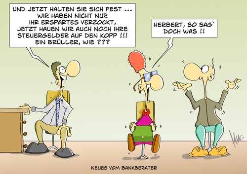 Cartoon: Bankberater (medium) by Marcus Gottfried tagged bankberater,krise,geld,zocken,europa,schulden,finanzkrise,bad,bank,kundschaft,anlage,ersparnisse,steuergeld,staatsgeld,bankberater,krise,geld,zocken,europa,schulden,finanzkrise,bad,bank,kundschaft,anlage,ersparnisse,steuergeld,staatsgeld