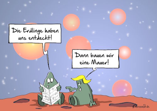 Cartoon: Entdeckt (medium) by Marcus Gottfried tagged erklinge,planeten,weltall,all,universum,außerirdisch,leben,aliens,alien,männchen,grün,lichtjahre,entfernung,mauer,trump,abgrenzen,freunde,marcus,gottfried,cartoon,karikatur,erklinge,planeten,weltall,all,universum,außerirdisch,leben,aliens,alien,männchen,grün,lichtjahre,entfernung,mauer,trump,abgrenzen,freunde,marcus,gottfried,cartoon,karikatur