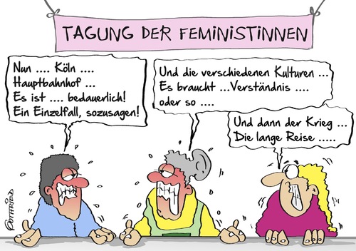 Cartoon: Feministinnen (medium) by Marcus Gottfried tagged köln,hauptbahnhof,sexuelle,übergriffe,übergriff,asylant,ausländer,hetze,politisch,korrekt,vorplatz,feministin,ausdruck,einzelfall,überbewerten,überbewertung,applaus,freude,marcus,gottfried,cartoon,karikatur,köln,hauptbahnhof,sexuelle,übergriffe,übergriff,asylant,ausländer,hetze,politisch,korrekt,vorplatz,feministin,ausdruck,einzelfall,überbewerten,überbewertung,applaus,freude,marcus,gottfried,cartoon,karikatur