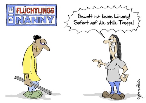 Cartoon: Flüchtlingsnanny (medium) by Marcus Gottfried tagged flüchtling,refugee,flucht,lager,gewalt,kultur,gewaltbereitschaft,auffanglager,erstlager,spannung,nanny,supernanny,kindermädchen,fernsehen,tv,lösung,stille,treppe,muster,erziehung,erfolg,spaß,marcus,gottfried,cartoon,karikatur,flüchtling,refugee,flucht,lager,gewalt,kultur,gewaltbereitschaft,auffanglager,erstlager,spannung,nanny,supernanny,kindermädchen,fernsehen,tv,lösung,stille,treppe,muster,erziehung,erfolg,spaß,marcus,gottfried,cartoon,karikatur