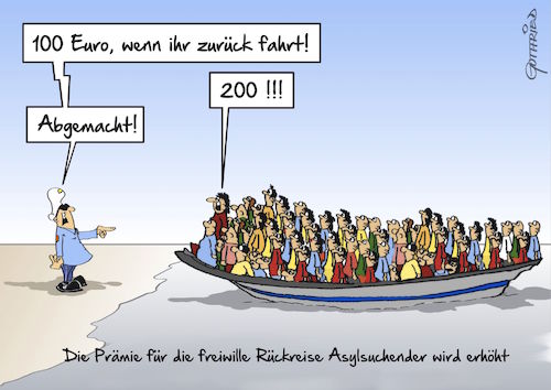 Cartoon: freiwillige Rückreise (medium) by Marcus Gottfried tagged starthilfe,rückreise,flüchtlinge,asyl,asylsuchende,boot,angebot,rückkehr,heimat,geld,verdienst,euro,schleuser,freikaufen,mittelmeer,balkan,route,ankunft,abreise,freude,marcus,gottfried,cartoon,karikatur,starthilfe,rückreise,flüchtlinge,asyl,asylsuchende,boot,angebot,rückkehr,heimat,geld,verdienst,euro,schleuser,freikaufen,mittelmeer,balkan,route,ankunft,abreise,freude,marcus,gottfried,cartoon,karikatur