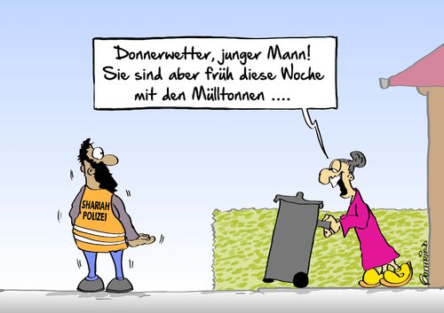 Cartoon: frühe Müllabfuhr (medium) by Marcus Gottfried tagged polizei,police,shariah,glauben,religion,wuppertal,streng,islam,moslem,auslegung,kontrolle,verwechslung,berufsbekleidung,müllabfuhr,müllmann,müll,mülltonne,dame,früh,abfuhr,restmüll,entsorgung,freude,marcus,gottfried,cartoon,karikatur,shariah,police,polizei,glauben,religion,wuppertal,streng,islam,moslem,auslegung,kontrolle,verwechslung,berufsbekleidung,müllabfuhr,müllmann,müll,mülltonne,dame,früh,abfuhr,restmüll,entsorgung,freude,marcus,gottfried,cartoon,karikatur