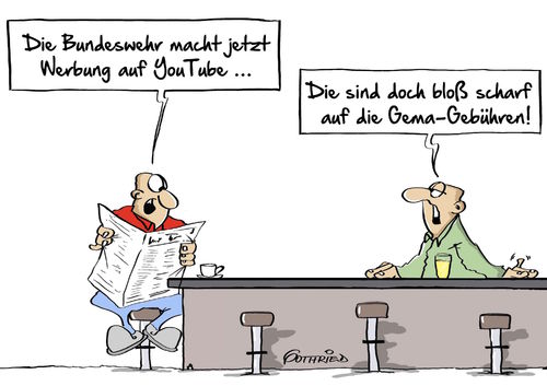 Cartoon: Gemagebühren (medium) by Marcus Gottfried tagged bundeswehr,werbung,soldaten,nachwuchs,nachwuchswerbung,von,der,leyen,armee,krieger,youtube,gera,gebühren,künstler,kosten,verdienst,einkommen,einigung,sperrbildschirm,theke,kneipe,verwertungsgesellschaft,scharf,anspruch,freude,marcus,gottfried,cartoon,karikatur,bundeswehr,werbung,soldaten,nachwuchs,nachwuchswerbung,von,der,leyen,armee,krieger,youtube,gera,gebühren,künstler,kosten,verdienst,einkommen,einigung,sperrbildschirm,theke,kneipe,verwertungsgesellschaft,scharf,anspruch,freude,marcus,gottfried,cartoon,karikatur