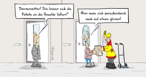 Cartoon: Haustürlieferung (medium) by Marcus Gottfried tagged paketdienst,kosten,niedriglohn,paket,dhl,gls,dpd,lieferung,haustür,bote,paketdienst,kosten,niedriglohn,paket,dhl,gls,dpd,lieferung,haustür,bote