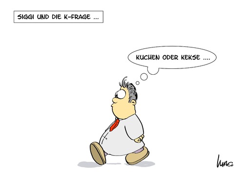 Cartoon: K-Frage (medium) by Marcus Gottfried tagged siggi,siegfried,gabriel,kfrage,kanzler,spd,partei,koalition,umfrage,troika,kuchen,keks,übergewicht,siggi,siegfried,gabriel,kfrage,kanzler,spd,partei,koalition,umfrage,troika,kuchen,keks,übergewicht