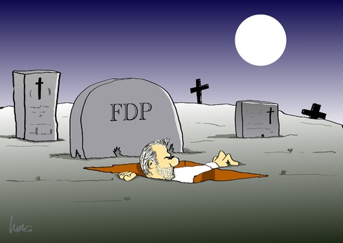 Cartoon: Kubicki (medium) by Marcus Gottfried tagged vorsitzender,tod,beerdigung,grab,wiederauferstehung,friedhof,landtagswahl,wahl,holstein,schleswig,fdp,kubik