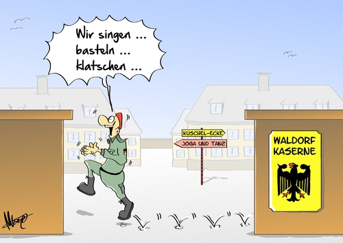 Cartoon: neue Bundeswehr (medium) by Marcus Gottfried tagged verteidigung,minister,ausrüstung,schwächen,stärken,material,defekt,basteln,klatschen,singen,armee,bundeswehr,leyen,der,von,soldat,kaserne,waldorf,waldorf,kaserne,soldat,von,der,leyen,bundeswehr,armee,singen,klatschen,basteln,defekt,material,stärken,schwächen,ausrüstung,minister,verteidigung