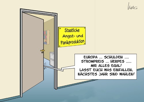 Cartoon: Panikproduktion (medium) by Marcus Gottfried tagged wahlen,2013,partei,regierung,strompreis,herpes,europa,schulden,griechenlandangst,panik,produktion,büro,koalition,cdu,csu,fdp,gruene,linke,spd,piraten,wahlen,partei,regierung,strompreis,herpes,europa,schulden,panik,produktion,büro,koalition,cdu,csu,fdp,gruene,linke,spd,afd,populisten,populismus,krieg,migration