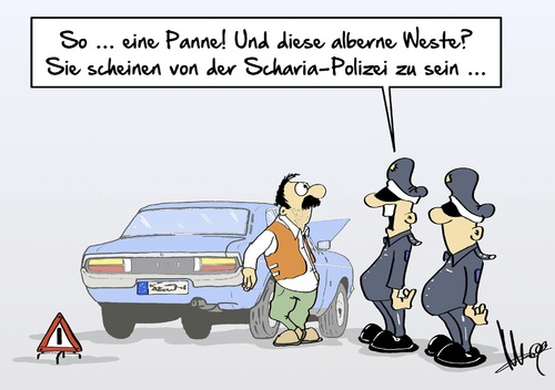 Cartoon: Pannen-Scharia (medium) by Marcus Gottfried tagged scharia,polizei,moslem,glauben,kontrolle,nötigung,toleranz,justiz,minister,salafisten,missbrauch,salafist,verbot,islam,tugend,kirche,christ,werbung,alkohol,drogen,verhaltenskodex,marcus,gottfried,cartoon,karikatur,panne,ausfall,strassenverkehrsordnung,weste,orange,verwechslung,schock,schreck,scharia,polizei,moslem,glauben,kontrolle,nötigung,toleranz,justiz,minister,salafisten,missbrauch,salafist,verbot,islam,tugend,kirche,christ,werbung,alkohol,drogen,verhaltenskodex,marcus,gottfried,cartoon,karikatur,panne,ausfall,strassenverkehrsordnung,weste,orange,verwechslung,schock,schreck