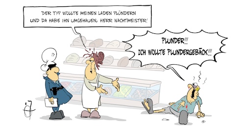 Cartoon: Plunder (medium) by Marcus Gottfried tagged gebäck,plunder,plünderung,stuttgart,gewalt,polizei,bäckerei,konditorei,gebäck,plunder,plünderung,stuttgart,gewalt,polizei,bäckerei,konditorei