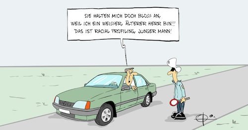 Cartoon: Racial Profiling (medium) by Marcus Gottfried tagged racial,profiling,polizei,rassismus,gesellschaft,kontrolle,weiß,schwarz,poc,bipoc,verkehrskontrolle,polizist,rentner,racial,profiling,polizei,rassismus,gesellschaft,kontrolle,weiß,schwarz,poc,bipoc,verkehrskontrolle,polizist,rentner