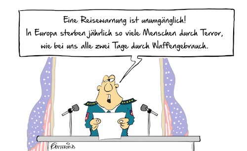 Cartoon: Reisewarnung (medium) by Marcus Gottfried tagged trump,donald,reise,urlaub,ferien,europa,usa,warnung,reisewarnung,terror,waffen,waffengebrauch,schießerei,schuss,is,islam,glaube,feinde,freunde,marcus,gottfried,cartoon,karikatur,trump,donald,reise,urlaub,ferien,europa,usa,warnung,reisewarnung,terror,waffen,waffengebrauch,schießerei,schuss,is,islam,glaube,feinde,freunde,marcus,gottfried,cartoon,karikatur