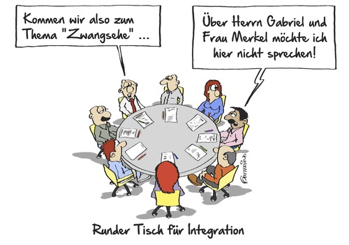 Cartoon: Runder Tisch (medium) by Marcus Gottfried tagged diskussion,runder,tisch,gespräch,integration,angela,merkel,sigmar,gabriel,kanzler,kultur,zwangsehe,religion,unterschied,ehe,paar,verheiratung,christ,moslem,islam,katholisch,evangelisch,freude,marcus,gottfried,cartoon,karikatur,diskussion,runder,tisch,gespräch,integration,angela,merkel,sigmar,gabriel,kanzler,kultur,zwangsehe,religion,unterschied,ehe,paar,verheiratung,christ,moslem,islam,katholisch,evangelisch,freude,marcus,gottfried,cartoon,karikatur