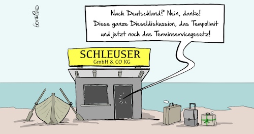 Cartoon: Schleuser (medium) by Marcus Gottfried tagged flüchtling,asyl,statistik,schleuser,deutschland,diesel,terminservicegesetz,tempolimit,flüchtling,asyl,statistik,schleuser,deutschland,diesel,terminservicegesetz,tempolimit