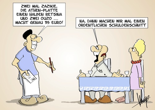 Cartoon: Schuldenschnitt (medium) by Marcus Gottfried tagged griechenland,schuldenschnitt,euro,europa,alexis,tsipras,grexit,ausstieg,eurozone,kredit,hoffnung,zaziki,tsaziki,athen,platte,retsina,wein,ouzo,ehepaar,tisch,restaurant,marcus,gottfried,cartoon,karikatur,griechenland,schuldenschnitt,euro,europa,alexis,tsipras,grexit,ausstieg,eurozone,kredit,hoffnung,zaziki,tsaziki,athen,platte,retsina,wein,ouzo,ehepaar,tisch,restaurant,marcus,gottfried,cartoon,karikatur