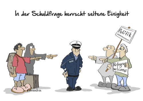 Cartoon: Schuldfrage (medium) by Marcus Gottfried tagged flüchtling,flüchtlingspolitik,umgang,hilfe,schuld,schuldiger,polizei,prügelknabe,politik,politikversagen,asyl,ankunft,freunde,freund,marcus,gottfried,cartoon,karikatur,flüchtling,flüchtlingspolitik,umgang,hilfe,schuld,schuldiger,polizei,prügelknabe,politik,politikversagen,asyl,ankunft,freunde,freund,marcus,gottfried,cartoon,karikatur