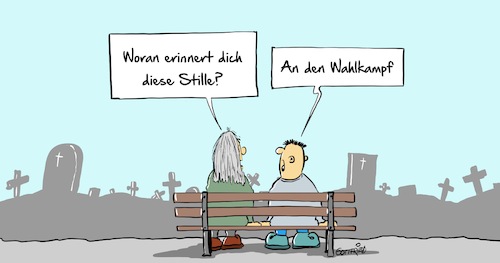 Cartoon: Stille (medium) by Marcus Gottfried tagged wahlkampf,2017,cdu,merkel,spd,schulz,interesse,heiß,phase,kampf,auseinandersetzung,träge,müde,schlapp,friedhof,stille,freude,marcus,gottfried,cartoon,karikatur,wahlkampf,2017,cdu,merkel,spd,schulz,interesse,heiß,phase,kampf,auseinandersetzung,träge,müde,schlapp,friedhof,stille,freude,marcus,gottfried,cartoon,karikatur