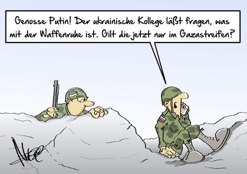 Cartoon: Waffenruhe (medium) by Marcus Gottfried tagged ukraine,russland,krim,osten,waffenruhe,angriff,verteidigung,soldat,separatist,putin,genoss,kollege,gazastreifen,gaza,israel,palästina,palästinenser,ruhe,frieden,marcus,gottfried,cartoon,karikatur,ukraine,russland,krim,osten,waffenruhe,angriff,verteidigung,soldat,separatist,putin,genoss,kollege,gazastreifen,gaza,israel,palästina,palästinenser,ruhe,frieden,marcus,gottfried,cartoon,karikatur