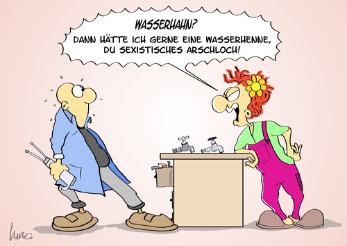 Cartoon: Wasserhenne (medium) by Marcus Gottfried tagged wasserhahn,klempner,installateur,frauenfeind,männerfeind,alternativ,geschäft,shop,emanze,frauenbild,klischee,wasser,henne,huhn,hahn,macho,schreck,sexistisch,wasserhahn,klempner,installateur,frauenfeind,männerfeind,alternativ,geschäft,shop,emanze,frauenbild,klischee,wasser,henne,huhn,hahn,macho,schreck,sexistisch,emanzipation,diversität,gleichberechtigung,gender,sprache