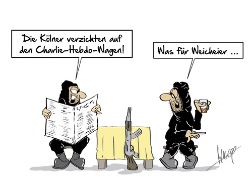 Cartoon: Weicheier (medium) by Marcus Gottfried tagged köln,karneval,charlie,hebdo,wagen,karnevalszug,fasching,feier,is,isis,weicheier,pussi,gewehr,kampf,glaube,glaubenskrieg,krieg,terror,islam,islamisierung,zeitung,marcus,gottfried,cartoon,karikatur,köln,karneval,charlie,hebdo,wagen,karnevalszug,fasching,feier,is,isis,weicheier,pussi,gewehr,kampf,glaube,glaubenskrieg,krieg,terror,islam,islamisierung,zeitung,marcus,gottfried,cartoon,karikatur