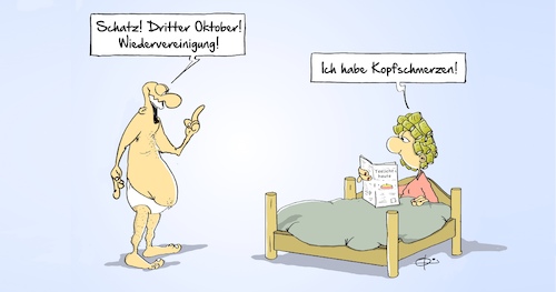 Cartoon: Wiedervereinigung (medium) by Marcus Gottfried tagged wiedervereinigung,dritter,oktober,ddr,brd,mann,frau,ehe,bett,kopfschmerzen,wiedervereinigung,dritter,oktober,ddr,brd,mann,frau,sex,ehe,bett,kopfschmerzen