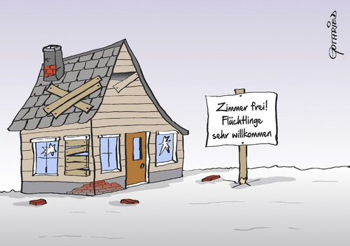 Cartoon: Zimmer frei! (medium) by Marcus Gottfried tagged flüchtling,asyl,flucht,wohnraum,miete,kommune,zelt,zeltstadt,notunterkunft,übergangsunterkunft,unterkunft,haus,ruine,wucher,mietpreis,vermieter,dach,einkommen,geld,spaß,freude,marcus,gottfried,cartoon,karikatur,flüchtling,asyl,flucht,wohnraum,miete,kommune,zelt,zeltstadt,notunterkunft,übergangsunterkunft,unterkunft,haus,ruine,wucher,mietpreis,vermieter,dach,einkommen,geld,spaß,freude,marcus,gottfried,cartoon,karikatur