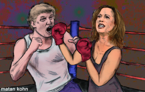 Cartoon: Harris vs trump (medium) by matan_kohn tagged kamalaharris,donaldtrump,battle,boxing,presidency,election2024,usa,america,politics,elections,washington,democrats,republicans,presidentoftheunitedstates,whitehouse,parties,funny,caricature,art,drawing,digitalart,education,trump