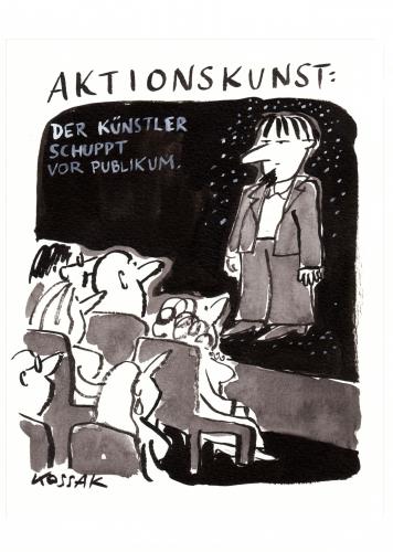 Cartoon: Aktionskunst (medium) by Kossak tagged kunst,art,artist,künstler,aktionskunst,scall,schuppen,puplikum,audience,happenig,kunst,künstler,bühne,publikum,aufführung,vorführung