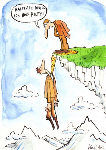 Cartoon: Durchhalten (medium) by Kossak tagged krawatte,tie,berg,berge,mountains,hilfe,help,suit,hang,on,gebirge,helfer,krawatte,berge,berg,hilfe,gebirge,helfer,helfen,unfall,gefahr