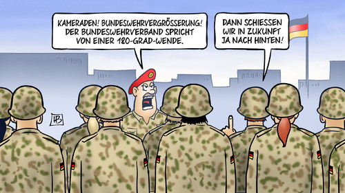 Cartoon: 180-Grad-Wende (medium) by Harm Bengen tagged bundeswehrvergrösserung,leyen,verteidigungsministerin,bundeswehrverband,soldaten,truppe,180,grad,wende,schiessen,hinten,harm,bengen,cartoon,karikatur,bundeswehrvergrösserung,leyen,verteidigungsministerin,bundeswehrverband,soldaten,truppe,180,grad,wende,schiessen,hinten,harm,bengen,cartoon,karikatur