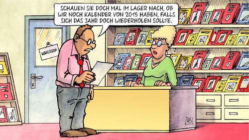 Cartoon: 2015-Wiederholung (medium) by Harm Bengen tagged 2015,wiederholung,kalender,jahr,buchhandlung,buchladen,migration,flüchtlinge,harm,bengen,cartoon,karikatur,2015,wiederholung,kalender,jahr,buchhandlung,buchladen,migration,flüchtlinge,harm,bengen,cartoon,karikatur