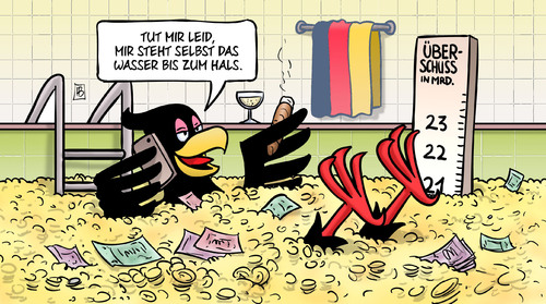 Cartoon: 21 Mrd. Überschuss (medium) by Harm Bengen tagged überschuss,staatseinnahmen,steuern,konjunktur,bundesadler,geld,dagobert,duck,wasser,hals,harm,bengen,cartoon,karikatur,überschuss,staatseinnahmen,steuern,konjunktur,bundesadler,geld,dagobert,duck,wasser,hals,harm,bengen,cartoon,karikatur