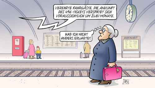 Cartoon: 49-Euro-Ticket-Verzögerung (medium) by Harm Bengen tagged bahnhof,bahnsteig,susemil,fahrgäste,ankunft,49,euro,ticket,verspätung,verzögerung,harm,bengen,cartoon,karikatur,bahnhof,bahnsteig,susemil,fahrgäste,ankunft,49,euro,ticket,verspätung,verzögerung,harm,bengen,cartoon,karikatur