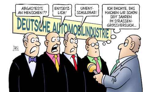 Cartoon: Abgastests an Menschen (medium) by Harm Bengen tagged abgastests,menschen,strassen,grossversuch,deutsche,automobilindustrie,affen,dieselskandal,tierversuche,vw,daimler,merceds,bmw,harm,bengen,cartoon,karikatur,abgastests,menschen,strassen,grossversuch,deutsche,automobilindustrie,affen,dieselskandal,tierversuche,vw,daimler,merceds,bmw,harm,bengen,cartoon,karikatur