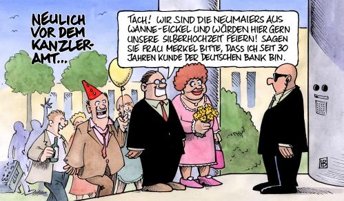 Cartoon: Ackermann-Party (medium) by Harm Bengen tagged ackermann,deutsche,bank,geburtstag,party,silberhochzeit,wanne,eickel,kanzleramt,merkel,wahl,wahlkampf,steuergeld,ackermann,deutsche bank,geburtstag,party,wanne,eickel,kanzleramt,angela merkel,wahl,wahlkampf,steuergeld,steuern,deutsche,bank,angela,merkel