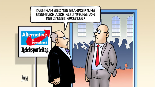 Cartoon: AfD-Stiftung (medium) by Harm Bengen tagged geistige,brandstiftung,stiftung,steuer,absetzen,reichsparteitag,bundesparteitag,afd,flüchtlinge,harm,bengen,cartoon,karikatur,geistige,brandstiftung,stiftung,steuer,absetzen,reichsparteitag,bundesparteitag,afd,flüchtlinge,harm,bengen,cartoon,karikatur