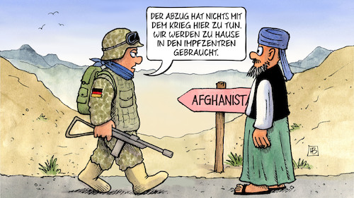 Cartoon: Afghanistan-Abzug (medium) by Harm Bengen tagged afghanistan,abzug,krieg,zu,hause,impfzentren,bundeswehr,deutschland,nato,soldat,taliban,corona,harm,bengen,cartoon,karikatur,afghanistan,abzug,krieg,zu,hause,impfzentren,bundeswehr,deutschland,nato,soldat,taliban,corona,harm,bengen,cartoon,karikatur