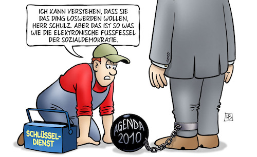 Cartoon: Agenda-Fussfessel (medium) by Harm Bengen tagged agenda,2010,fussfessel,bundestagswahl,kanzlerkandidat,wahlkampf,schulz,elektronische,sozialdemokratie,spd,soziales,hartz,schlüsseldienst,kugel,kette,harm,bengen,cartoon,karikatur,agenda,2010,fussfessel,bundestagswahl,kanzlerkandidat,wahlkampf,schulz,elektronische,sozialdemokratie,spd,soziales,hartz,schlüsseldienst,kugel,kette,harm,bengen,cartoon,karikatur