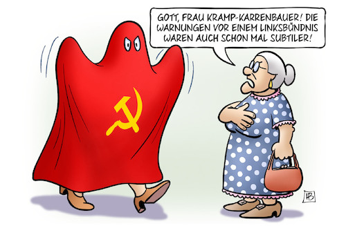 Cartoon: AKK und Linksbündnis (medium) by Harm Bengen tagged kramp,karrenbauer,akk,linksbündnis,warnungen,subtiler,cdu,spd,grüne,linke,susemil,gepenst,schreck,harm,bengen,cartoon,karikatur,kramp,karrenbauer,akk,linksbündnis,warnungen,subtiler,cdu,spd,grüne,linke,susemil,gepenst,schreck,harm,bengen,cartoon,karikatur