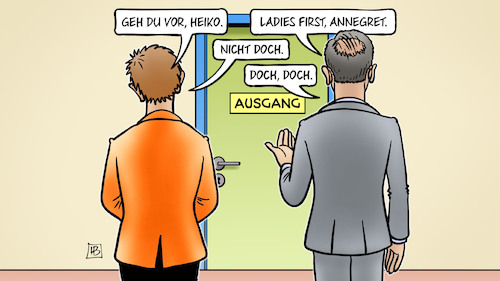 Cartoon: AKK und Maas (medium) by Harm Bengen tagged heiko,maas,ladies,first,annegret,kramp,karrenbauer,rücktritt,ausgang,verteidigungsministerin,aussenminister,afghanistan,deutschland,rettungsmission,abzug,taliban,harm,bengen,cartoon,karikatur,heiko,maas,ladies,first,annegret,kramp,karrenbauer,rücktritt,ausgang,verteidigungsministerin,aussenminister,afghanistan,deutschland,rettungsmission,abzug,taliban,harm,bengen,cartoon,karikatur