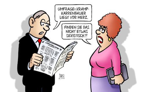 Cartoon: AKK vor Merz (medium) by Harm Bengen tagged akk,umfrage,kramp,karrenbauer,merz,cdu,merkel,nachfolge,sexistisch,harm,bengen,cartoon,karikatur,akk,umfrage,kramp,karrenbauer,merz,cdu,merkel,nachfolge,sexistisch,harm,bengen,cartoon,karikatur