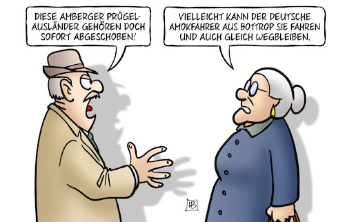 Cartoon: Amberg und Bottrop (medium) by Harm Bengen tagged amberg,bottrop,prügelausländer,abschiebung,deutscher,amokfahrer,fahren,fremdenfeindlichkeit,hass,susemil,harm,bengen,cartoon,karikatur,amberg,bottrop,prügelausländer,abschiebung,deutscher,amokfahrer,fahren,fremdenfeindlichkeit,hass,susemil,harm,bengen,cartoon,karikatur