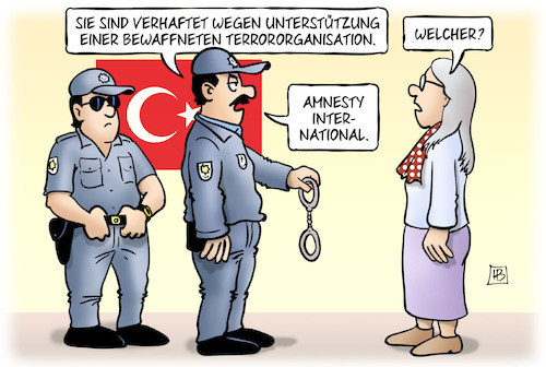 Cartoon: Amnesty-Verhaftungen (medium) by Harm Bengen tagged türkei,polizei,verhaftungen,unterstützung,terrororganisation,amnesty,international,idil,eser,harm,bengen,cartoon,karikatur,türkei,polizei,verhaftungen,unterstützung,terrororganisation,amnesty,international,idil,eser,harm,bengen,cartoon,karikatur