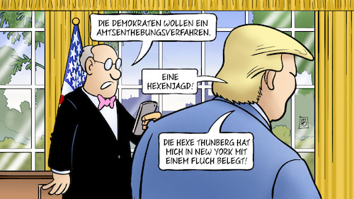 Cartoon: Amtsenthebungsverfahren (medium) by Harm Bengen tagged demokraten,amtsenthebungsverfahren,impeachment,hexenjagd,thunberg,new,york,fluch,trump,ukraine,oval,office,usa,harm,bengen,cartoon,karikatur,demokraten,amtsenthebungsverfahren,impeachment,hexenjagd,thunberg,new,york,fluch,trump,ukraine,oval,office,usa,harm,bengen,cartoon,karikatur