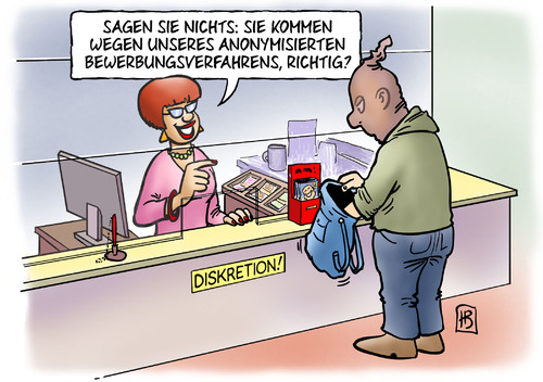 Cartoon: Anonymisiert (medium) by Harm Bengen tagged anonymisiert,anonymisiertes,berwerbungsverfahren,frauen,behinderte,migranten,zuwanderer,namen,anitdiskiminierungsstelle,pilotprojekt,bank,raub,anonymisiert,anonymisiertes,berwerbungsverfahren,frauen,behinderte,migranten,zuwanderer,namen,anitdiskiminierungsstelle,pilotprojekt,bank,raub