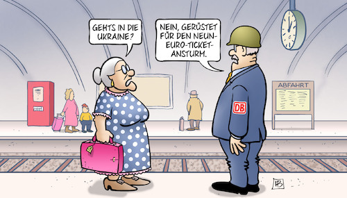 Cartoon: Ansturm 9-Euro-Ticket (medium) by Harm Bengen tagged bahnhof,schaffner,susemil,stahlhelm,neun,euro,ticket,ansturm,russland,ukraine,krieg,harm,bengen,cartoon,karikatur,bahnhof,schaffner,susemil,stahlhelm,neun,euro,ticket,ansturm,russland,ukraine,krieg,harm,bengen,cartoon,karikatur