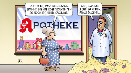 Cartoon: Apotheken und Krebsverdienst (medium) by Harm Bengen tagged apotheken,krebsverdienst,gewinnspanne,krebsmedikamente,kasulke,susemil,geld,krankenkassen,gesundheitswesen,profit,harm,bengen,cartoon,karikatur,apotheken,krebsverdienst,gewinnspanne,krebsmedikamente,kasulke,susemil,geld,krankenkassen,gesundheitswesen,profit,harm,bengen,cartoon,karikatur