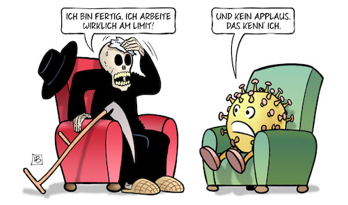 Cartoon: Arbeit am Limit (medium) by Harm Bengen tagged applaus,arbeit,limit,tod,virus,corona,sessel,harm,bengen,cartoon,karikatur,applaus,arbeit,limit,tod,virus,corona,sessel,harm,bengen,cartoon,karikatur